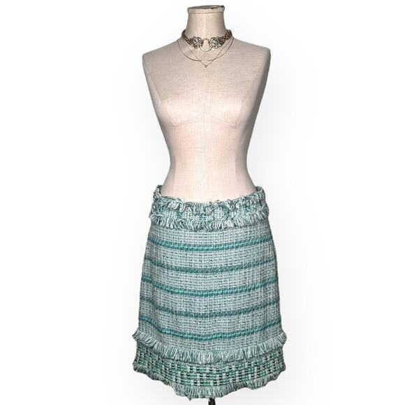 New $375 TORY BURCH Nora Tweed Pencil Skirt Embellished Turquoise Fringe Trim 10 - Picture 2 of 14